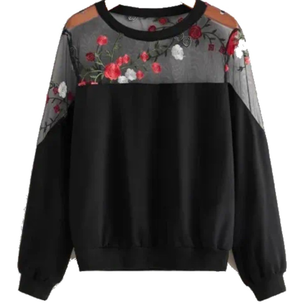 Floral Mesh Black Sweater off-shoulder